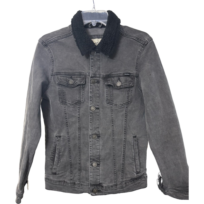 Pull & Bear Women's Jacket Greyish Black Denim With A Black Sherpa Collar Size M